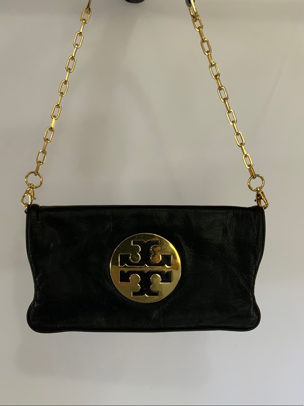 Tory Burch Black Leather Crossbody with Gold Logo and Chain